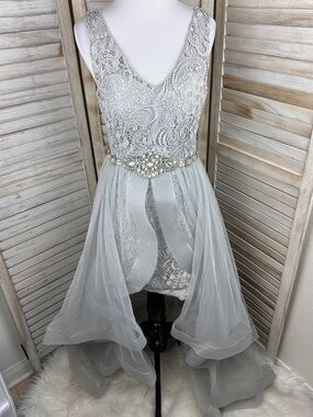 TLC Say Yes to The Prom Dress Silver Lacework Floral Rhinestone Hi Low Dress 5